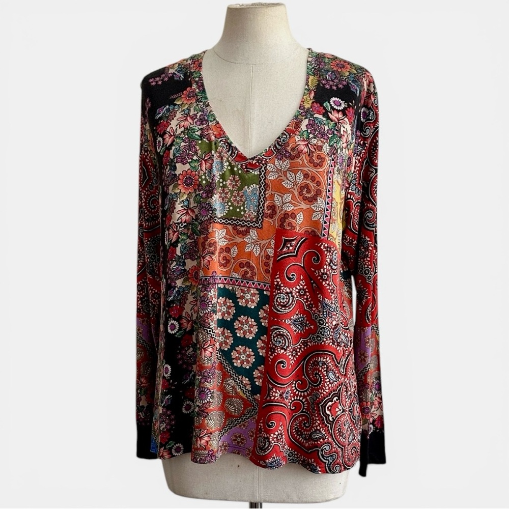 Johnny Was Moa Janie Favorite V-Neck Paisley Print Long-Sleeve Top sz Medium